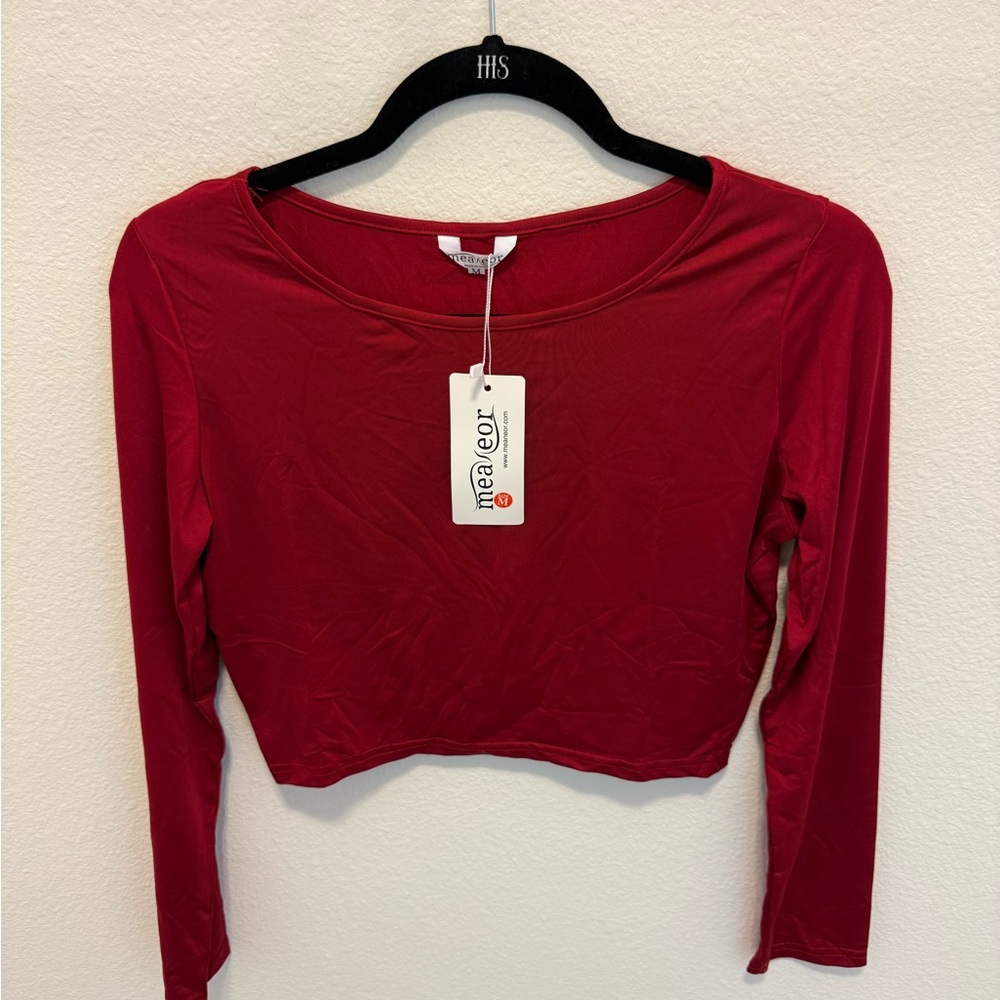 Meanor Women's Red Crop Top fitted long sleeve round neck